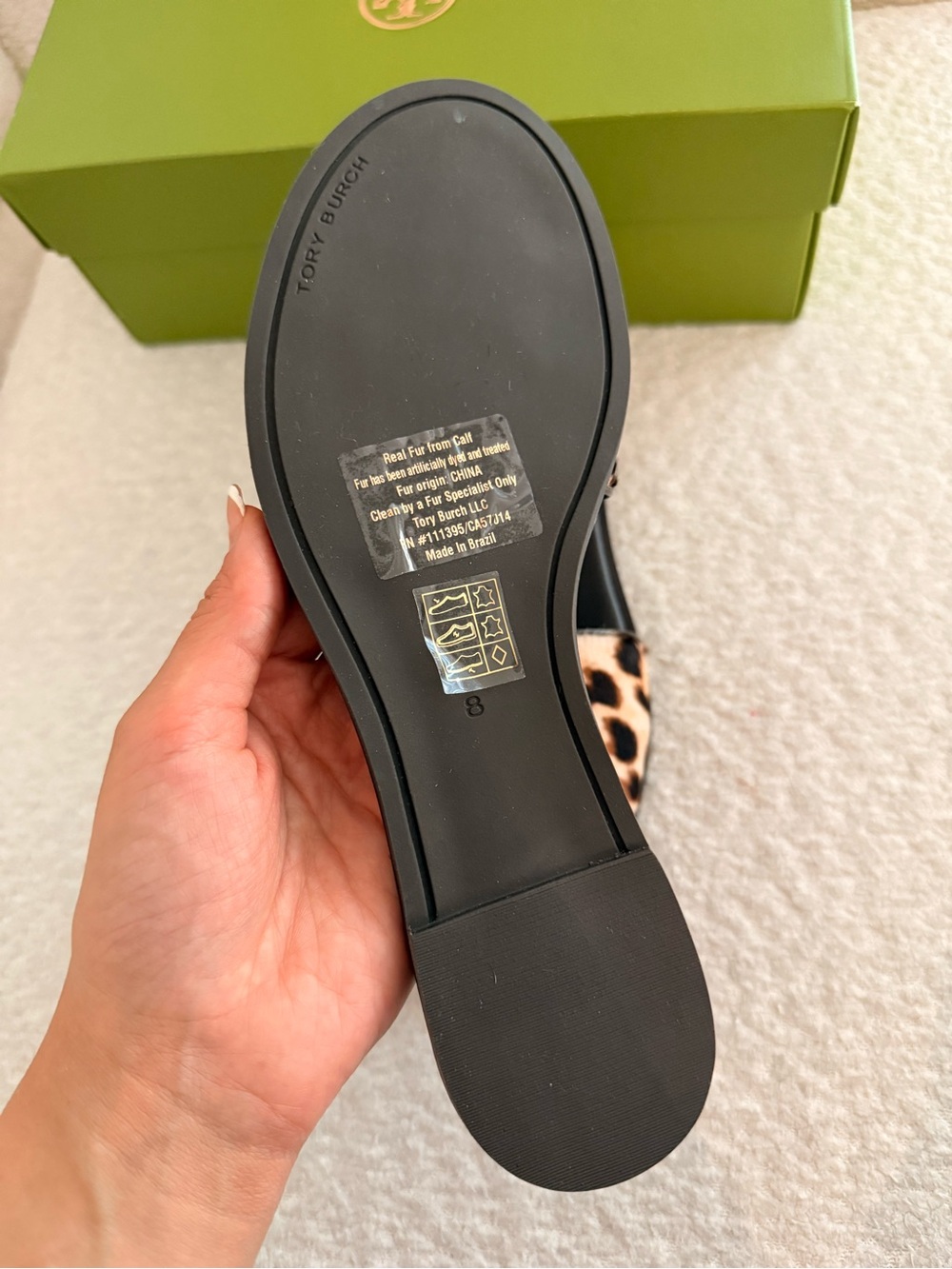 Tory Burch Everly Leopard Calf Hair Slide Sandals Logo Mule Flats 8 RUNS SMALL - Picture 8 of 9